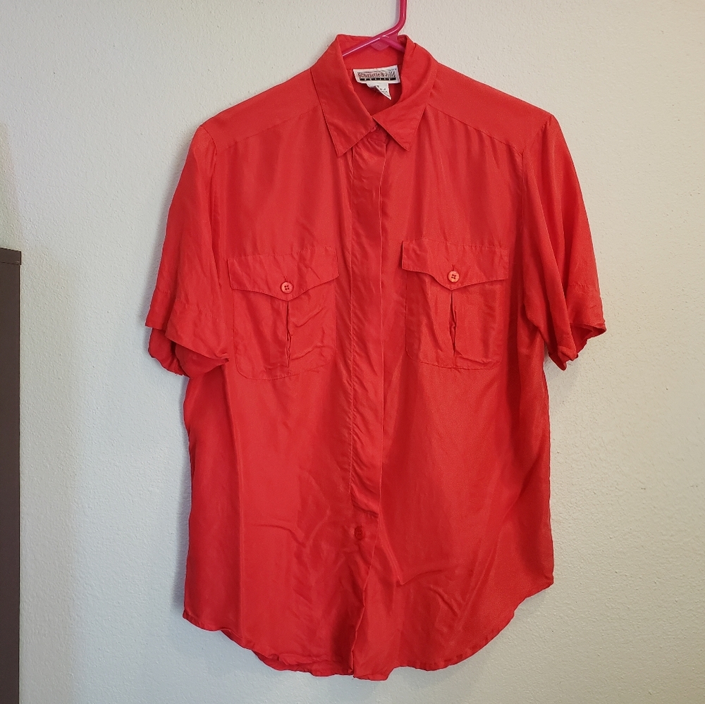 Christine & Jill Petites red silk button down women's shirt size S